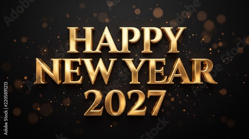 Happy New Year 2027 gold text banner. Shiny metallic typography on black background