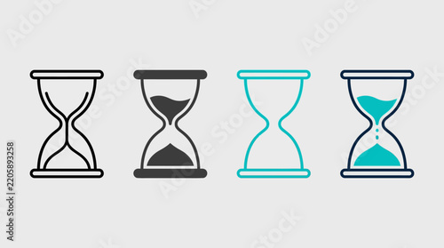 Four stylized hourglass icons in black, gray, and blue, symbolizing time passage, progress stages, countdown, patience, and process completion.