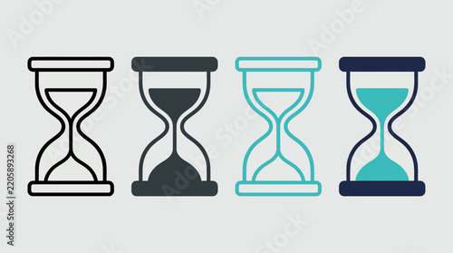 Four stylized hourglass icons in black, gray, and blue, symbolizing time passage, progress stages, countdown, patience, and process completion.
