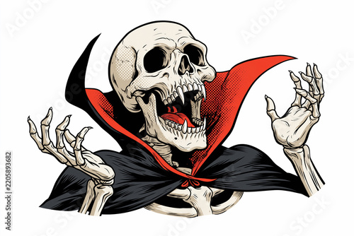 Vampire skeleton in cape reaching with claw hands in vintage comic pin-up style