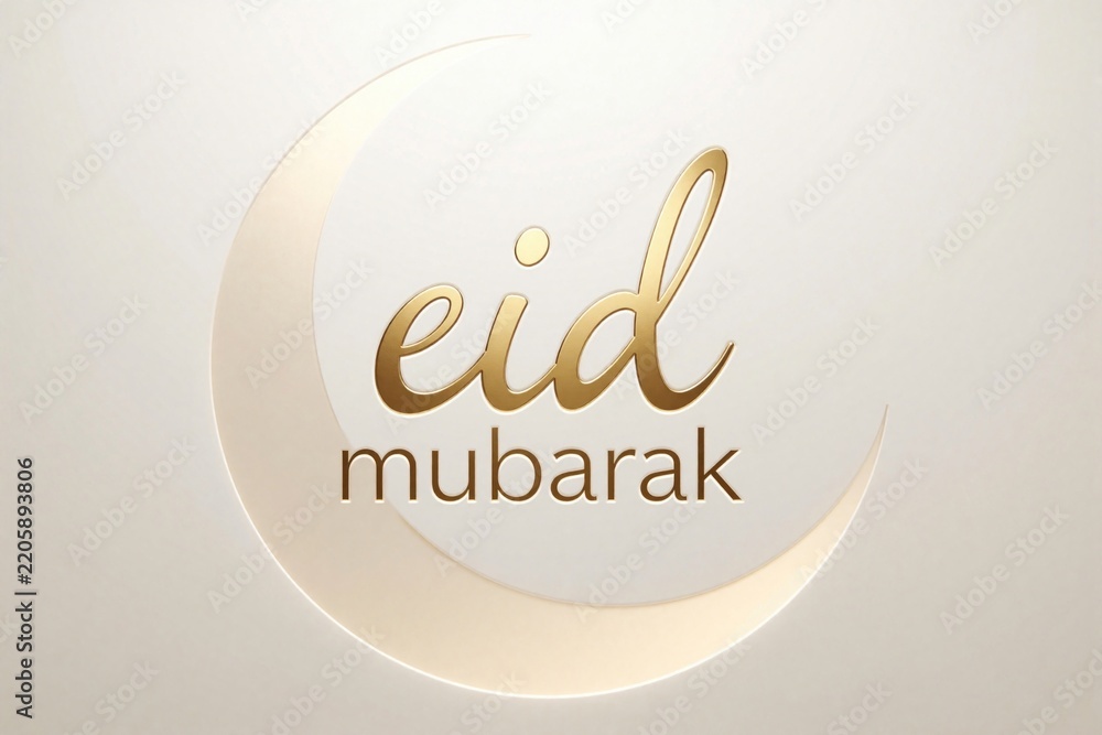 Obraz premium Elegant Eid Mubarak greeting card with gold calligraphy. Crescent moon shape background with luxury typography. Minimalist Islamic holiday design for Ramadan celebration festive religious occasion.