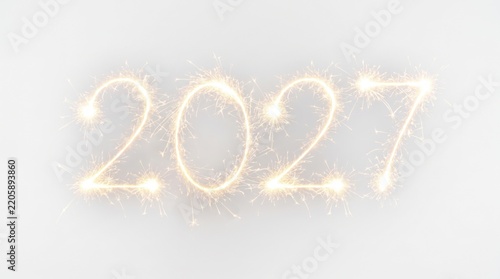 New Year 2027 celebration text made of glowing sparklers. Sparkling numbers on light background