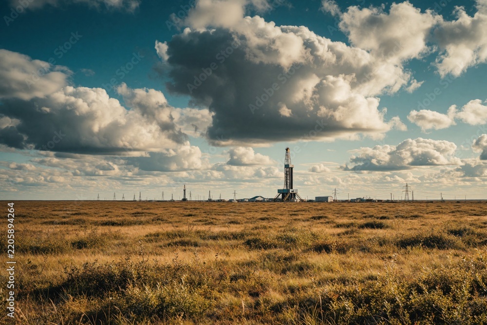 Obraz premium Wide landscape of northern tundra in summer. Oil, gas drilling rig stands in remote field under big cloudy sky. Industrial energy infrastructure located in arctic wilderness. Fossil fuel production