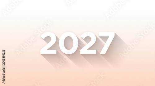 Year 2027 white text with long shadow on soft beige gradient background. Minimalist calendar design element