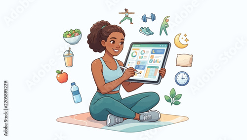 Woman tracking fitness progress using digital tablet app surrounded by healthy lifestyle icons