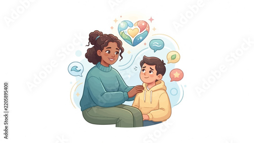 Woman comforting young boy with heartfelt conversation and emotional support