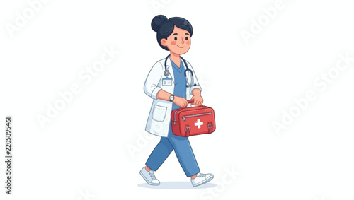 Illustration of cheerful female doctor carrying red medical first aid kit