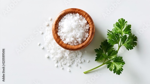Coarse Salt Wooden Bowl Herb Overhead, Seasoning Ingredients