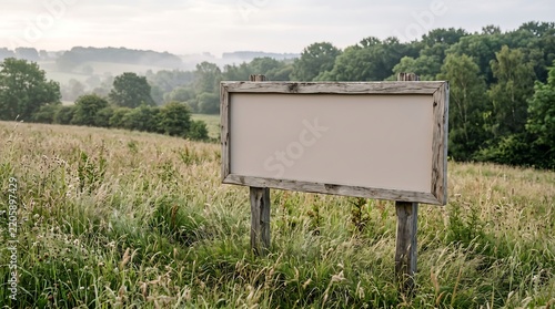 A large, empty wooden sign standing in the middle of a vast, grassy meadow with rolling hills and a dense forest in the background, under a soft, overcast sky during, the early morning