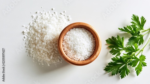 Coarse Salt Wooden Bowl Herb Overhead, Seasoning Ingredients