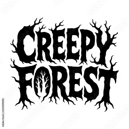 Black Creepy Forest horror text logo with gnarled tree roots on white.