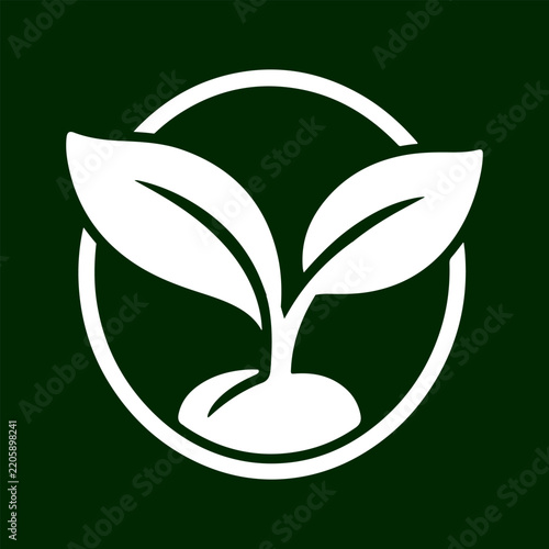 White seedling plant sprout icon in circle on green background.