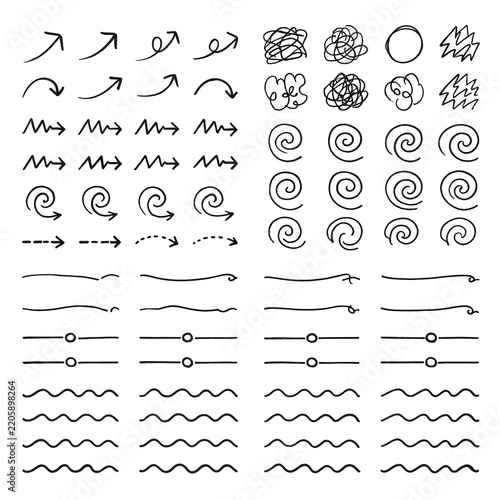 Collection of hand-drawn doodle elements including arrows, scribbles, and wavy lines