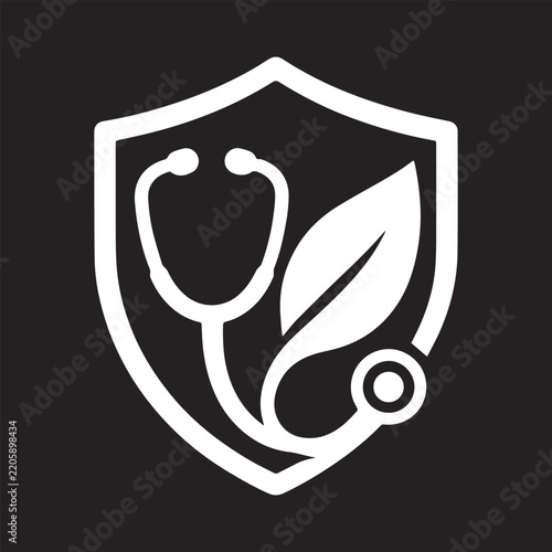 White medical health shield icon with stethoscope and leaf on black.