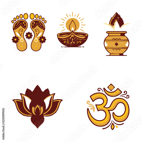 Dhanteras festival collection with traditional religious hindu symbols
