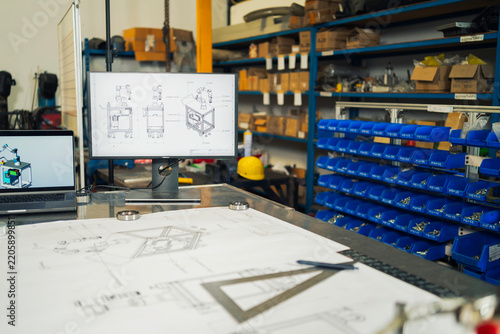Engineering blueprints and computer models of automated machinery.