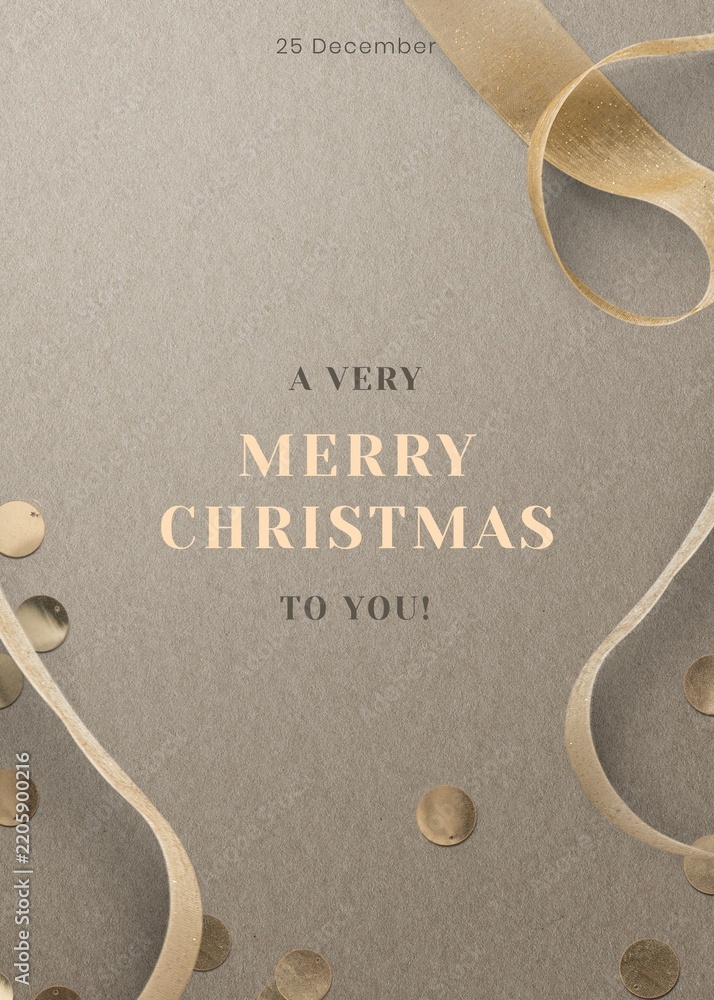 Obraz premium Elegant Merry Christmas greeting card with gold ribbons and confetti