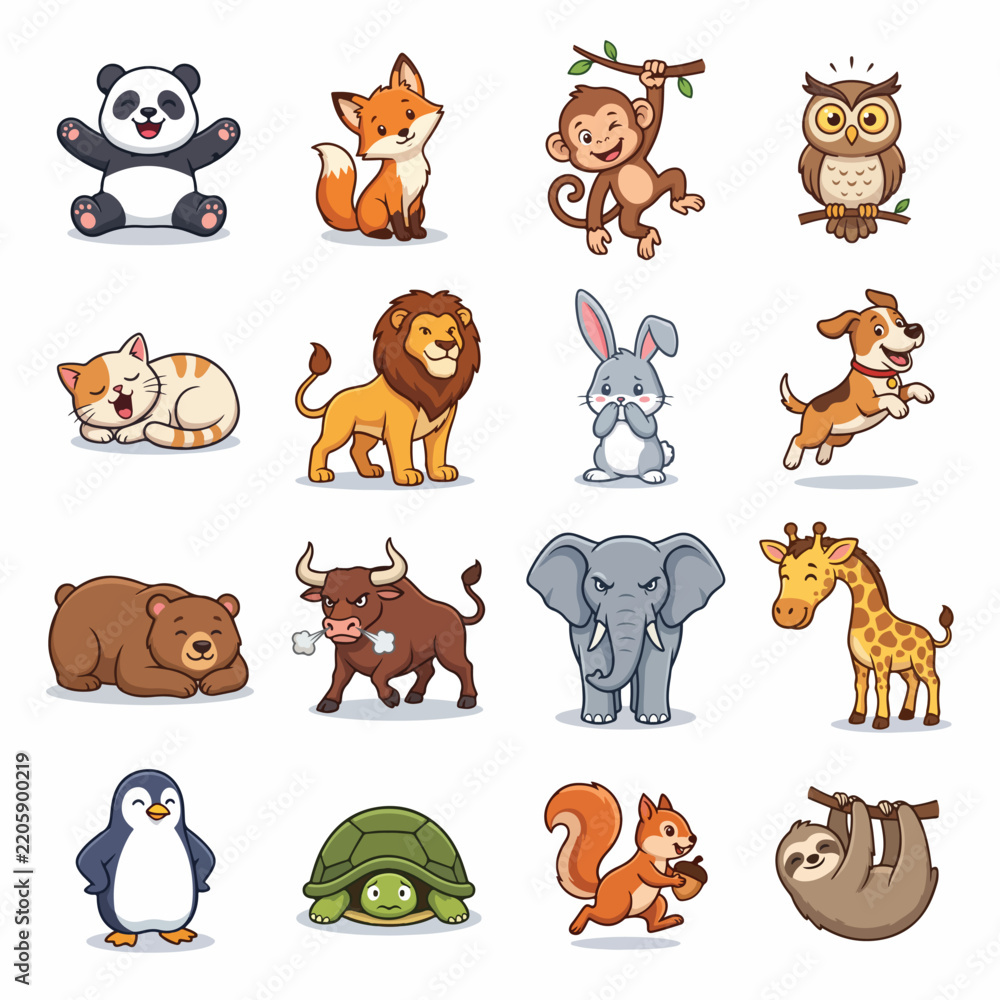 Obraz premium Cute Cartoon Animal Characters Vector Set, Wild and Domestic Animals Collection, Fauna Icons for Kids Education and Design