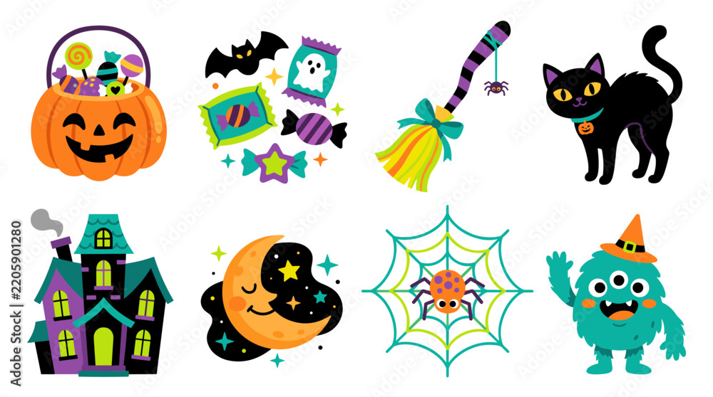 Fototapeta premium Fun Halloween Vector Illustration Sheet Featuring Cute Monsters, Black Cat, Haunted House and Sweets