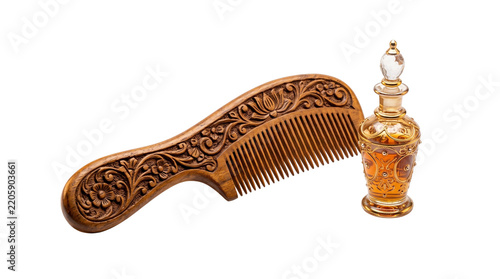 Vintage carved wooden comb, handcrafted wooden hair comb with floral detail, vintage glass perfume bottle on white background