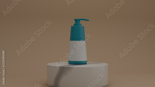 Blank teal soap pump dispenser bottle on marble podium, beige background