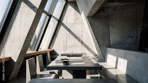 Modern Concrete Cafe Interior: A minimalist concrete cafe interior featuring geometric architectural elements, a long communal table with a laptop and coffee, and large windows allowing natural light.