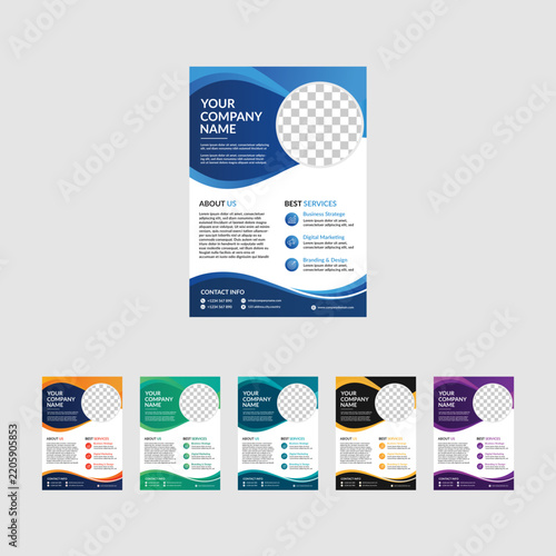 Corporate business flyer template set with abstract wave design and circular photo placeholder