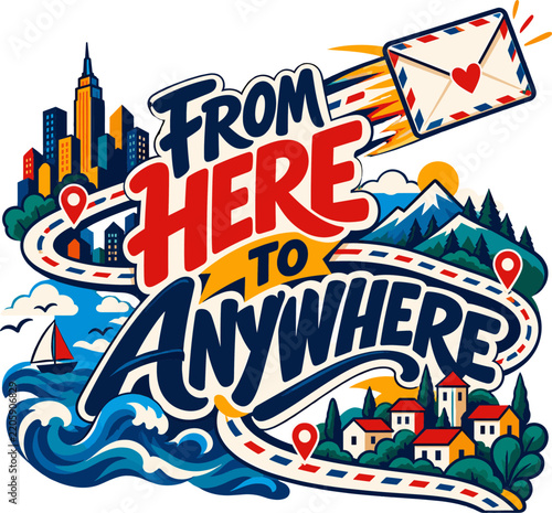 World Post Day EPS, From Here To Anywhere With Envelope, City Skyline And Travel Route, Global Postal Vector Design