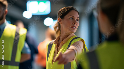 Faceless woman wearing a high-visibility vest guiding people toward an illuminated exit sign during an evacuation drill in an office corridor, safety protocol concept, with copy