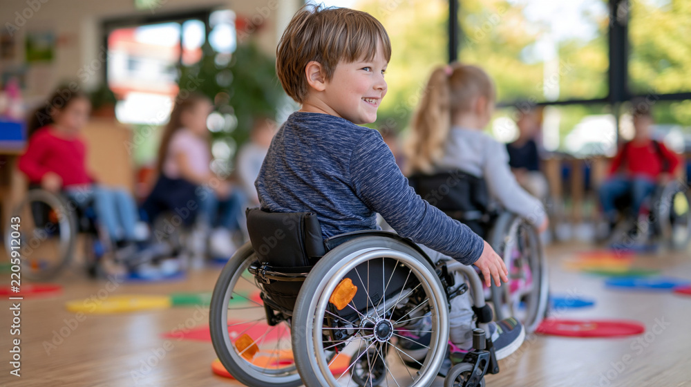 Obraz premium Diverse children viewed from behind while participating in an interactive classroom game, including students in wheelchairs actively contributing with their classmates, colorful floor markers and ed