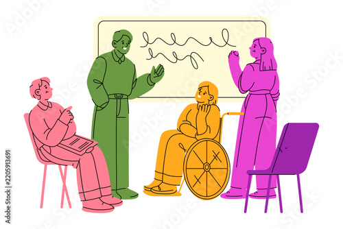 Inclusive school classroom. Teacher explaining lesson at board and wheelchair user with other student follow instruction. Vector accessible education in doodle style. Knowledge and equal opportunity