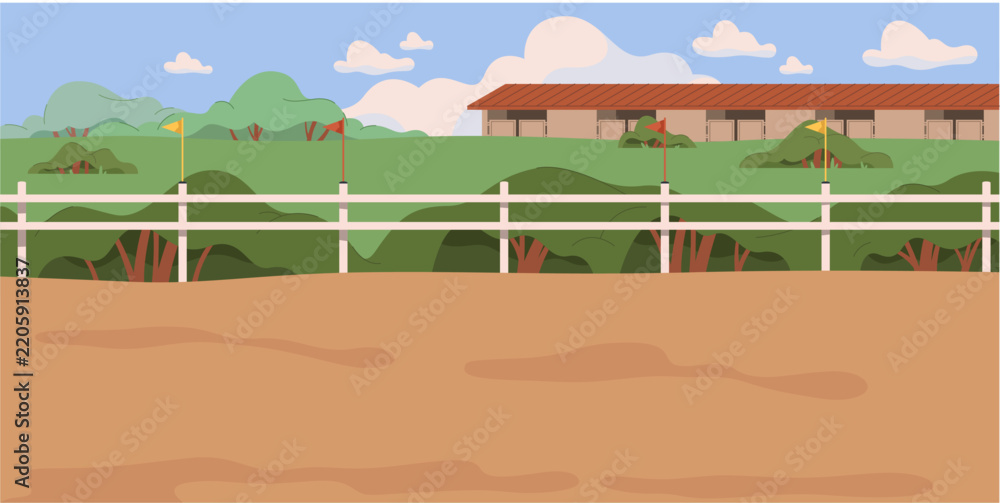 Obraz premium Scenic equestrian racecourse with empty track in rural environment. Fenced areas and greenery, trees and shrubs, grassy terrain and horse facilities. Vector sporting landscape prepared for riding