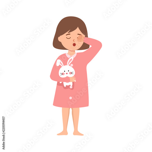 Cute sleepy girl wearing pajamas standing with rabbit toy vector flat illustration. Little kid awakening in morning or going to the bed.