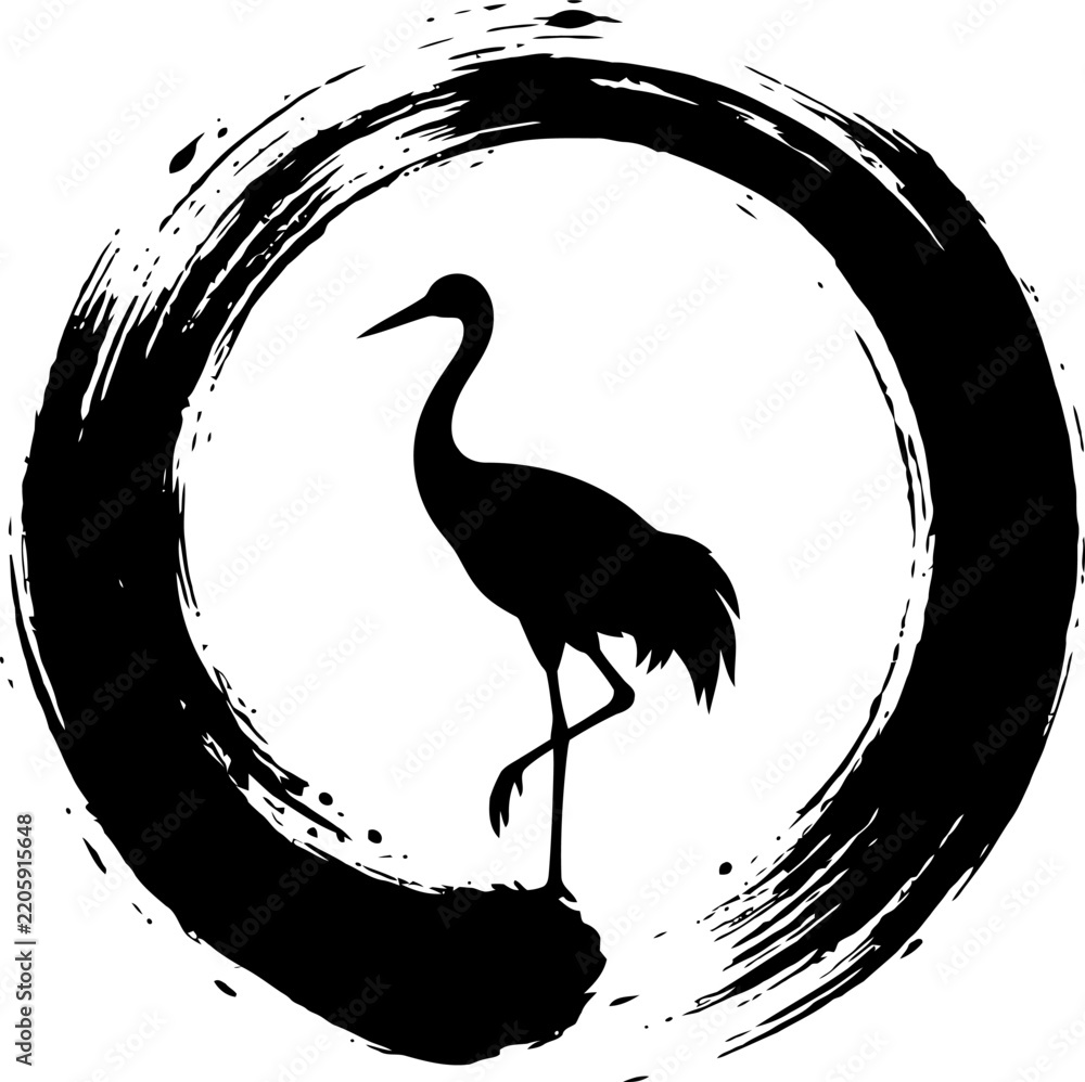 Obraz premium Zen crane in enso circle illustration. Black ink brush stroke style featuring a standing bird silhouette. Traditional Japanese art for meditation, spiritual balance, and minimalist Zen decor.