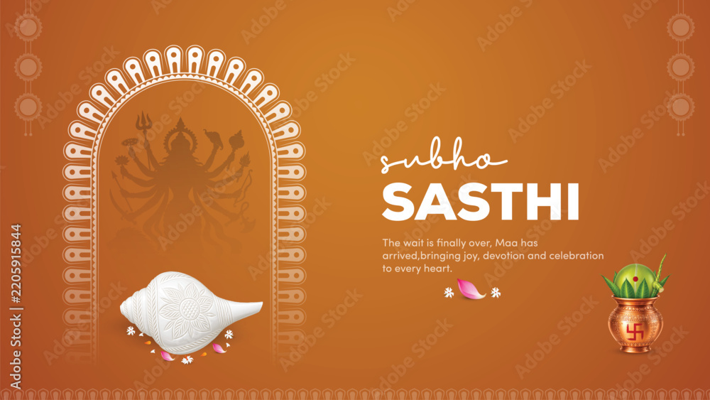 Fototapeta premium Subho Sasthi greeting featuring sacred conch shell, Kalash, Maa Durga silhouette, and traditional festive arch.