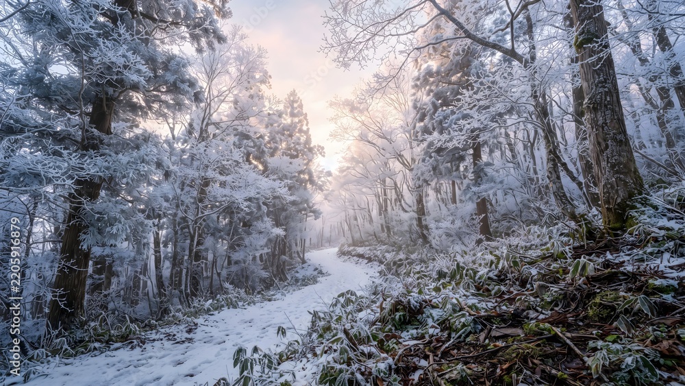 Fototapeta premium Snow-Covered Forest Path with Frosted Trees and Soft Winter Light