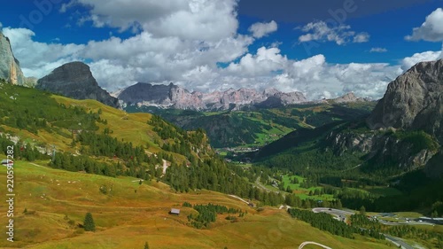 Aerial view of winding road at Passo Gardena in Italian Dolomites