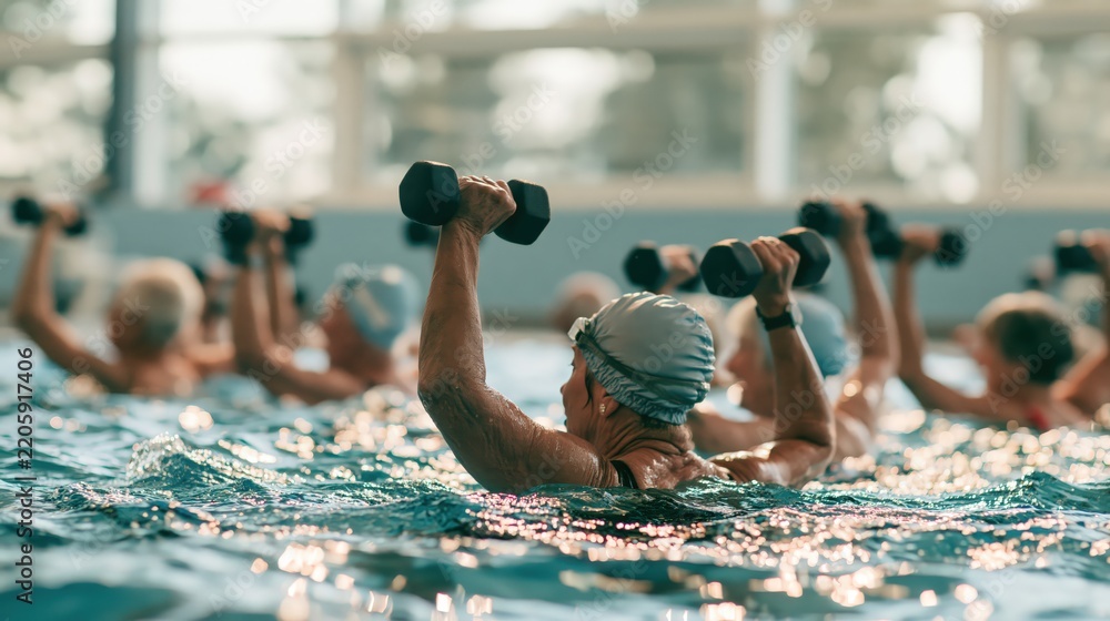Obraz premium Seniors joining an aqua aerobics class with foam dumbbells in a bright indoor pool, with generous copy space