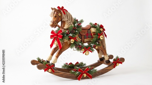 Christmas Tree Decorations with Gold Ornaments, Green Pine Branches, Bells and Holiday Gift Accents Isolated on White Background