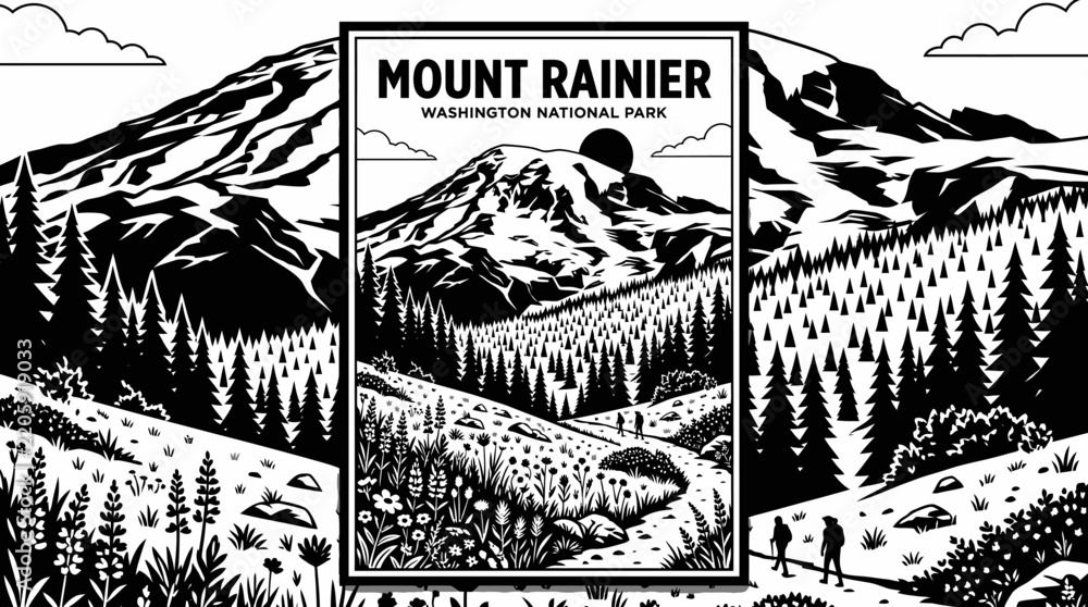 Obraz premium Black and white flat vector Mount Rainier landscape with snowy volcanic peak, evergreen forest, wildflowers and meadow, full-page composition, crisp solid tones, no gradients, travel poster style