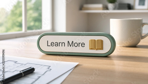 Learn more concept sign with open book icon on wooden desk near blueprint and coffee cup in bright office