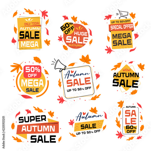Vector illustration of orange autumn sale badges. Discount promotion design combines bold marketing style with seasonal autumn theme for business and commerce use.
