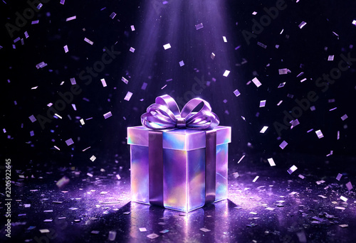 Purple gift box with shiny bow and falling confetti sparkles
