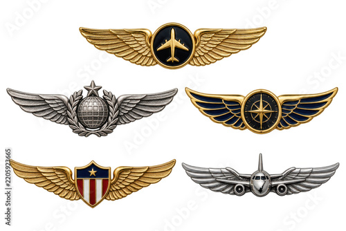 A collection of five distinct pilot wings insignia, each with unique metallic designs featuring aircraft, compasses, and shields , transparent background, AI generative