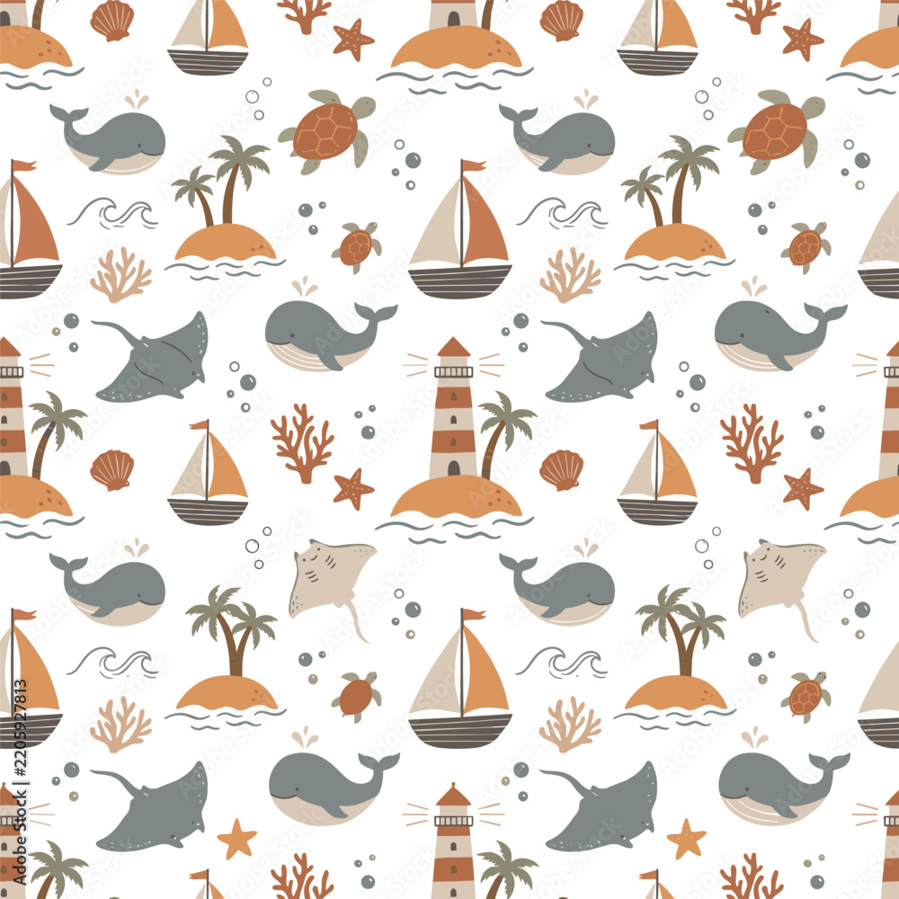 Fototapeta premium Seamless Nautical Pattern with Cute Sea Animals, Sailboats, and Tropical Islands for Textile Design