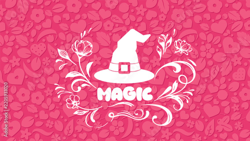 Floral background with Halloween witch hat and Magic text. Pink vintage pattern.