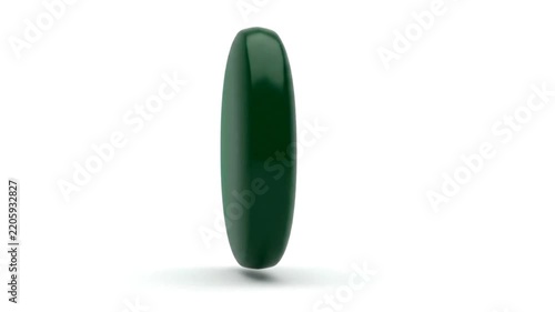 Glossy green medical pill or herbal supplement tablet standing upright on white background 3d rendering