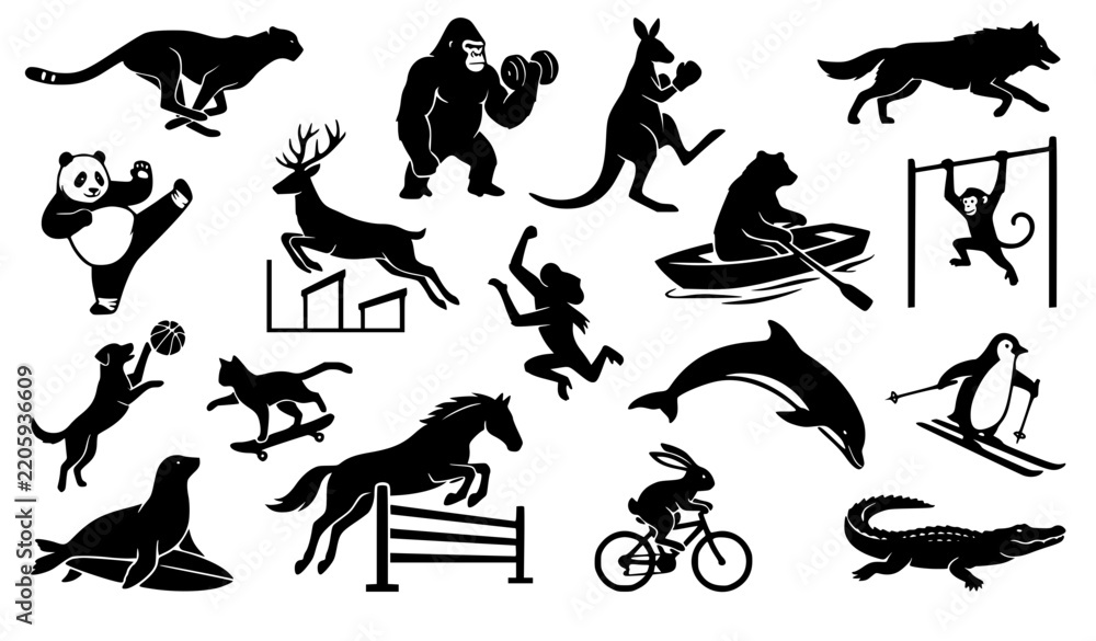 Fototapeta premium Dynamic Animal Athlete Silhouettes Set for Sports Exercise and Outdoor Activities