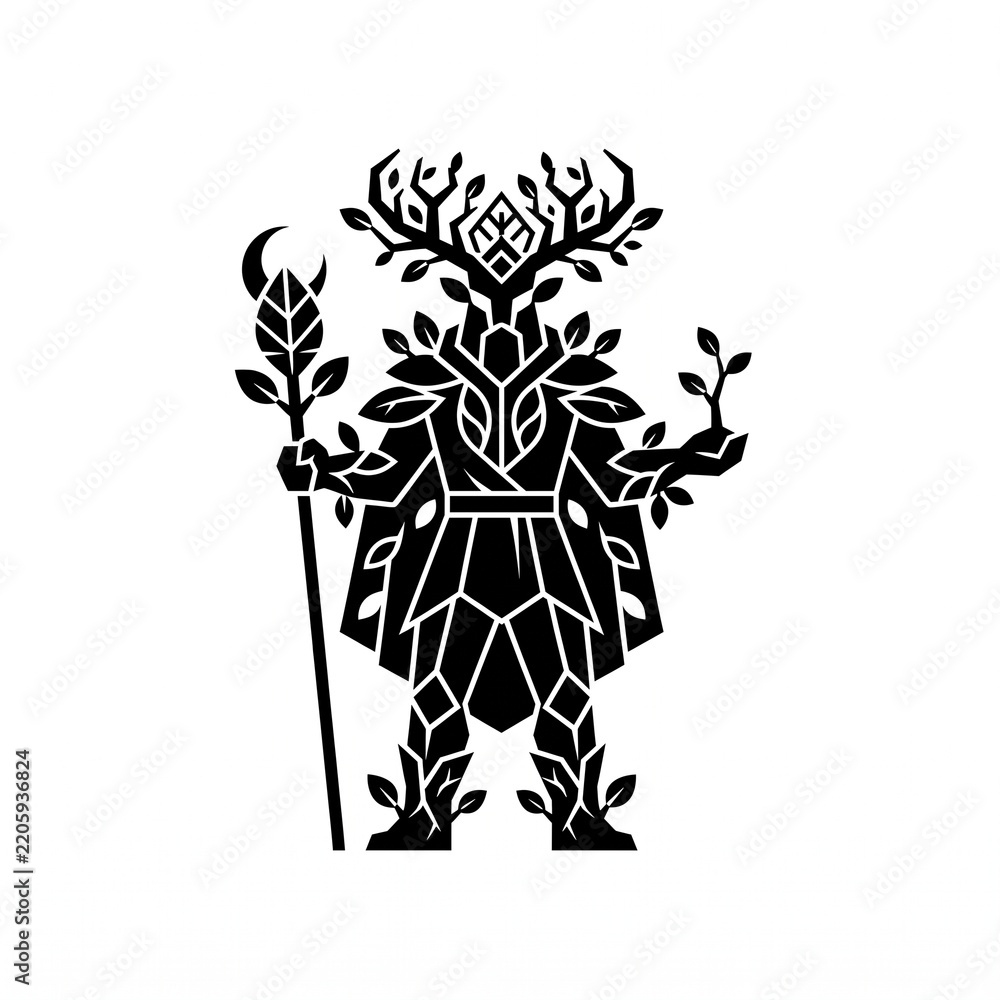 Fototapeta premium Geometric forest druid silhouette holding a magical staff and seedling, stylized pagan nature deity icon in black and white vector art isolated on white background