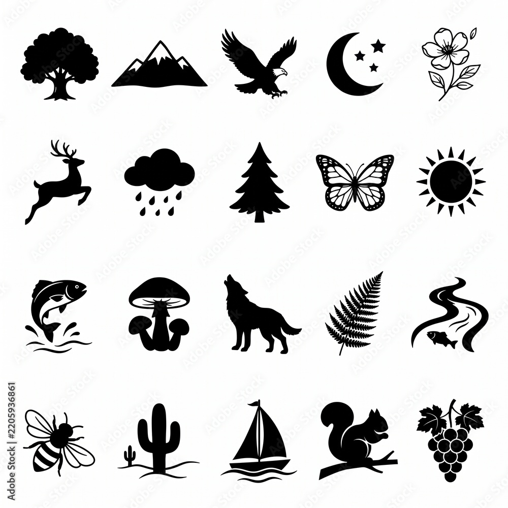 Fototapeta premium Collection of black nature and wildlife silhouette icons featuring forest animals, plants, landscapes, and weather symbols isolated on a white background for minimalist outdoor branding.